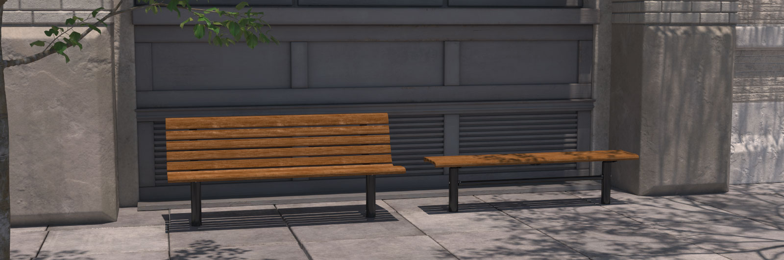 Rendered image of a hardwood parkbench and bench in a street walkway environment.